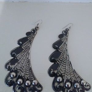4/$24 Long black and silver feather earrings